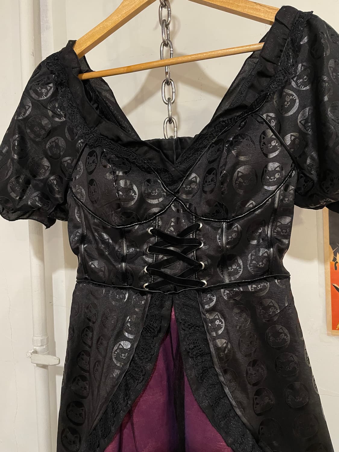 고양이 패턴 아일렛 리본 레이스 레이어드 블랙 원피스 고스 로리 펑크 상품이미지7