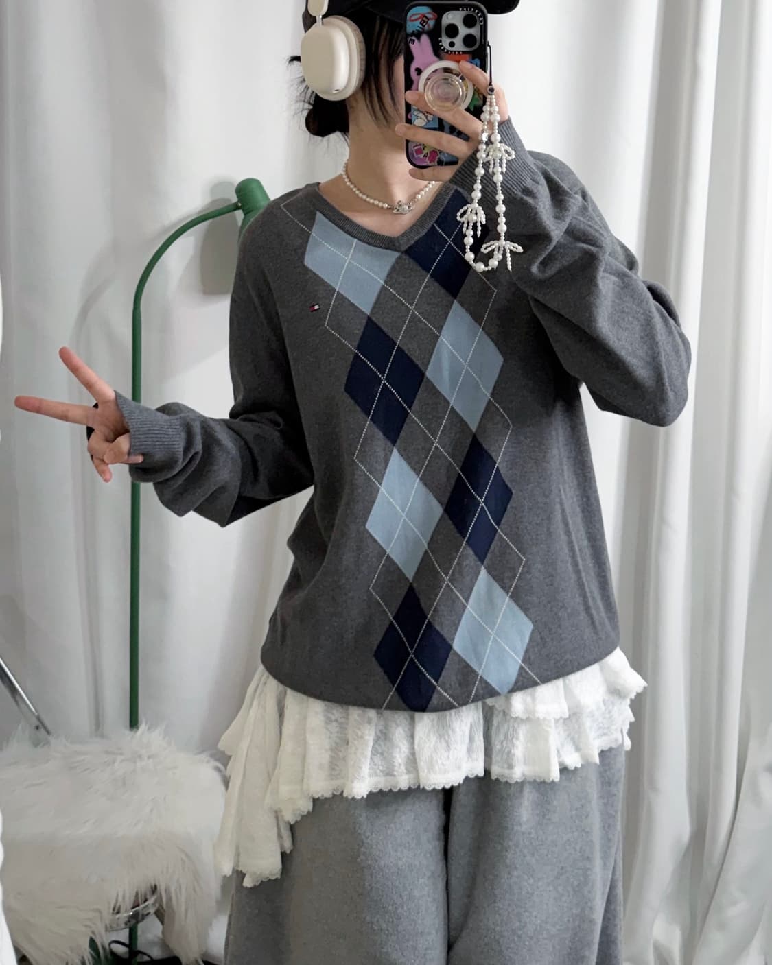 타미힐피거 그레이 & 블루 오버핏 아가일 니트 상품이미지2