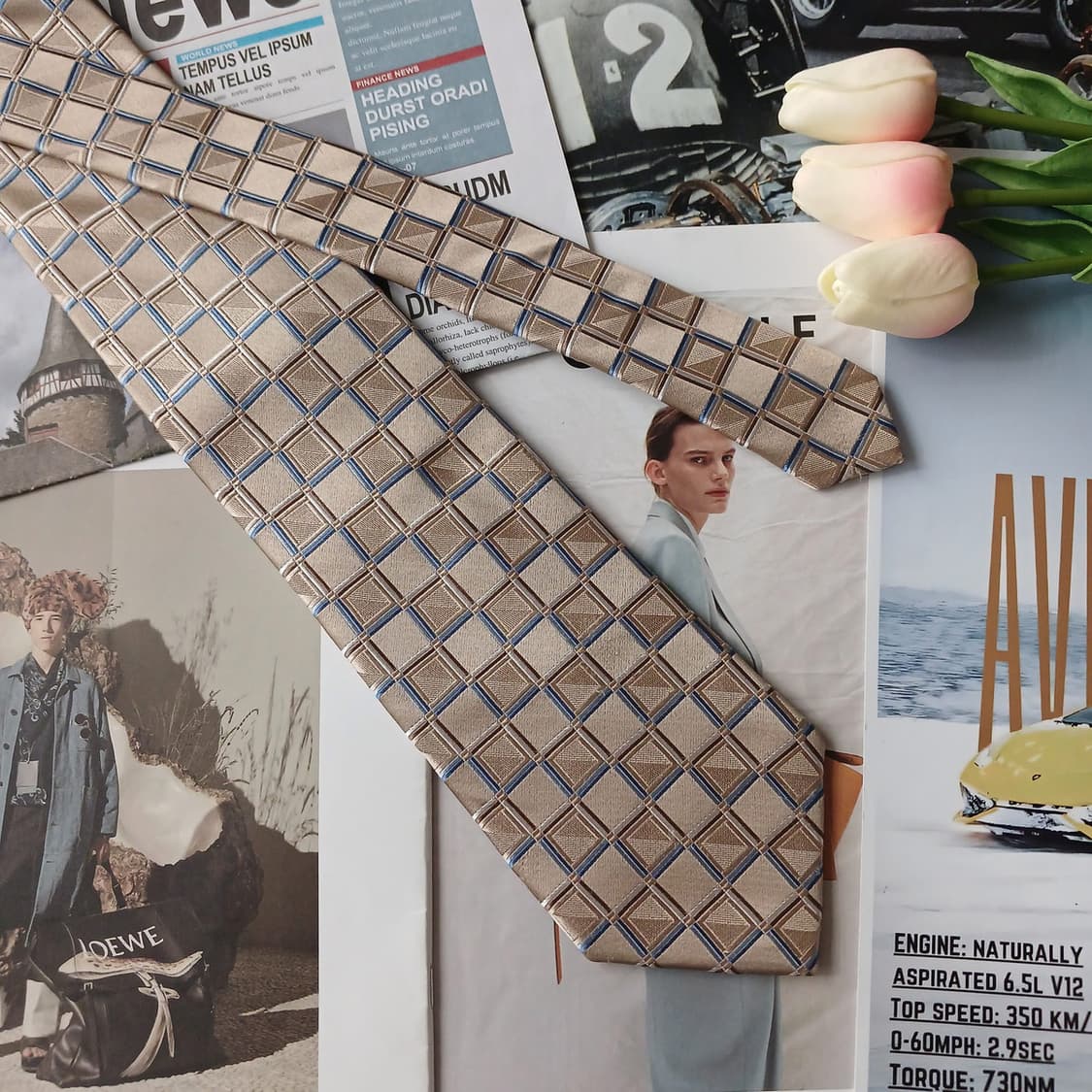 마이클코어스 실크 골드베이지 체크 넥타이 9.1cm A+등급 A18819 상품이미지4