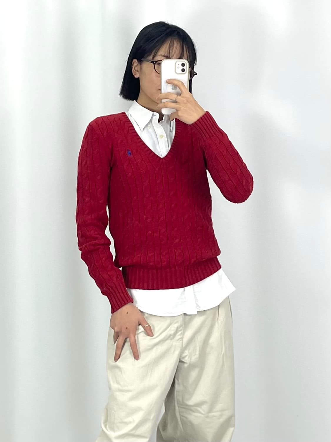 [S]폴로 레드 여성 브이넥 꽈배기 니트 CK9773 상품이미지1