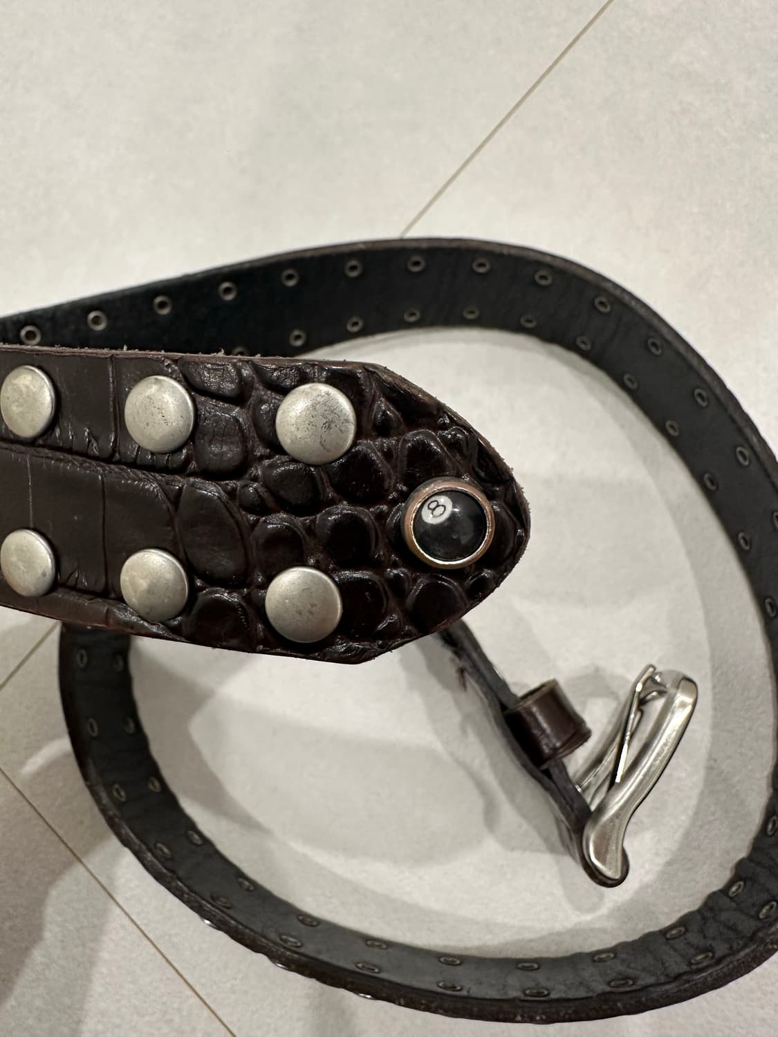 [S/M] 스투시 8볼 스터드 벨트 브라운 텍스쳐드 레더 상품이미지4