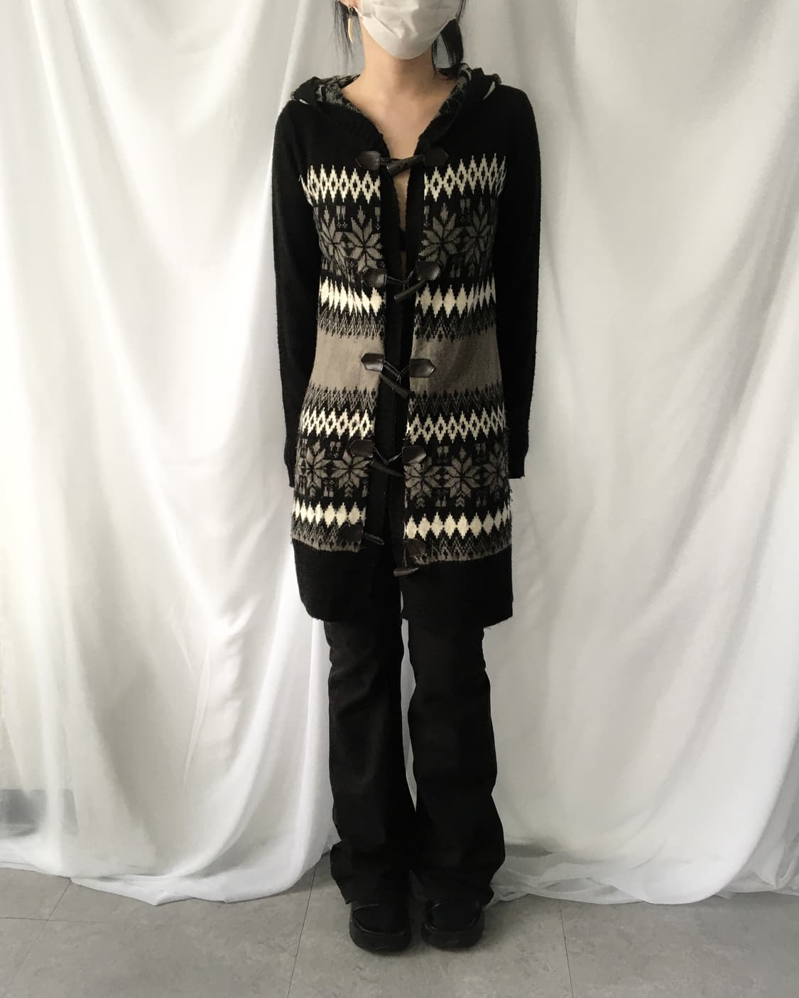 Snow pattern duffle button hood knit car 상품이미지8