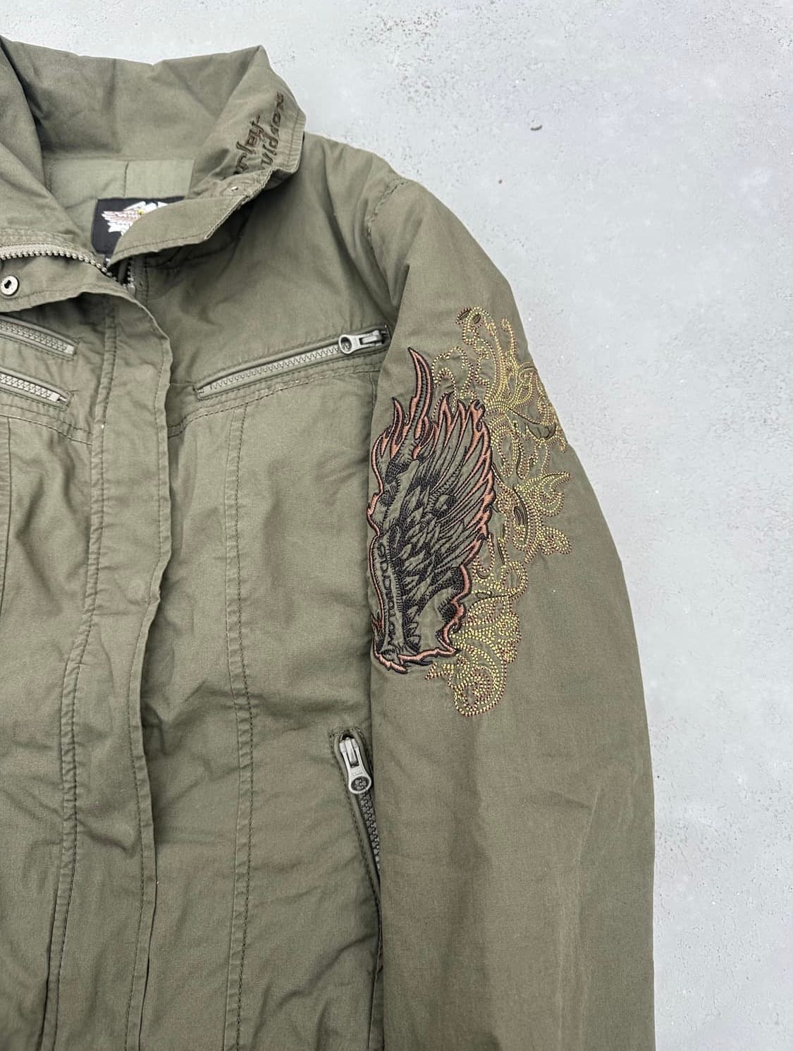 할리데이비슨 로고 자수 크롭 봄버자켓 올리브 카키 y2k 상품이미지5