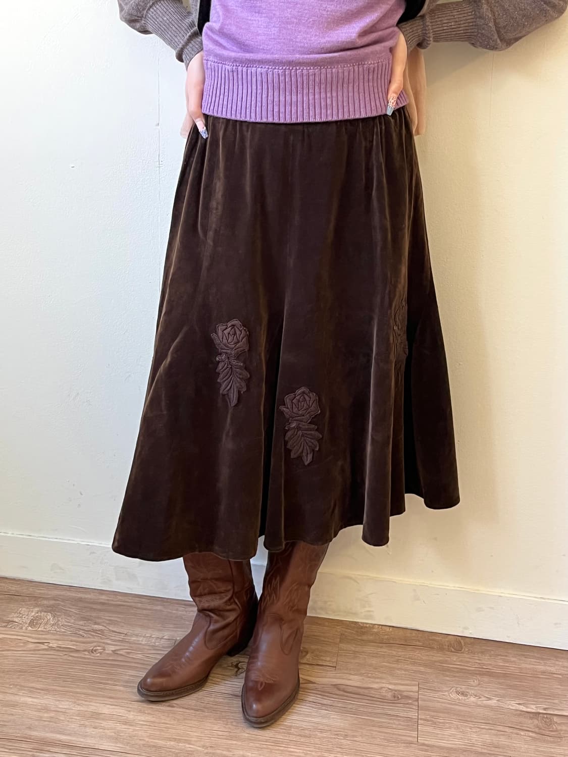 japan Vtg 벨벳 플라워 스커트 상품이미지3