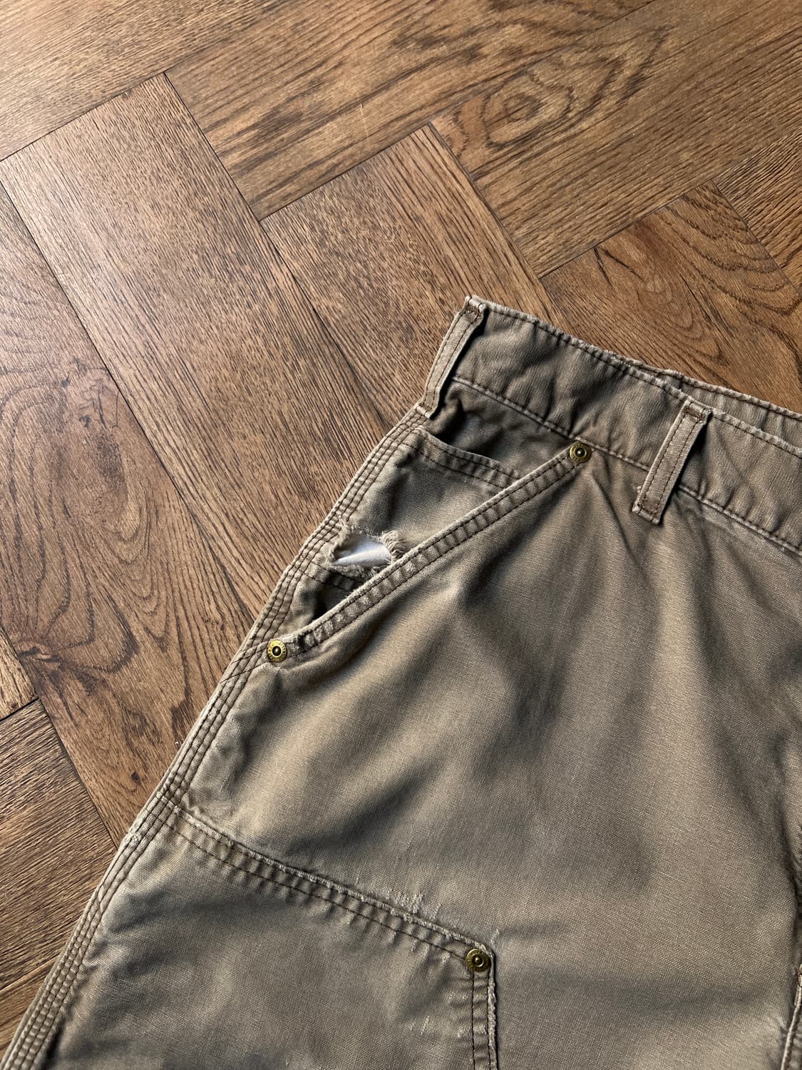 [34]칼하트 USA 빈티지 데미지 라이트브라운 코튼 더블니 워크 팬츠 상품이미지4