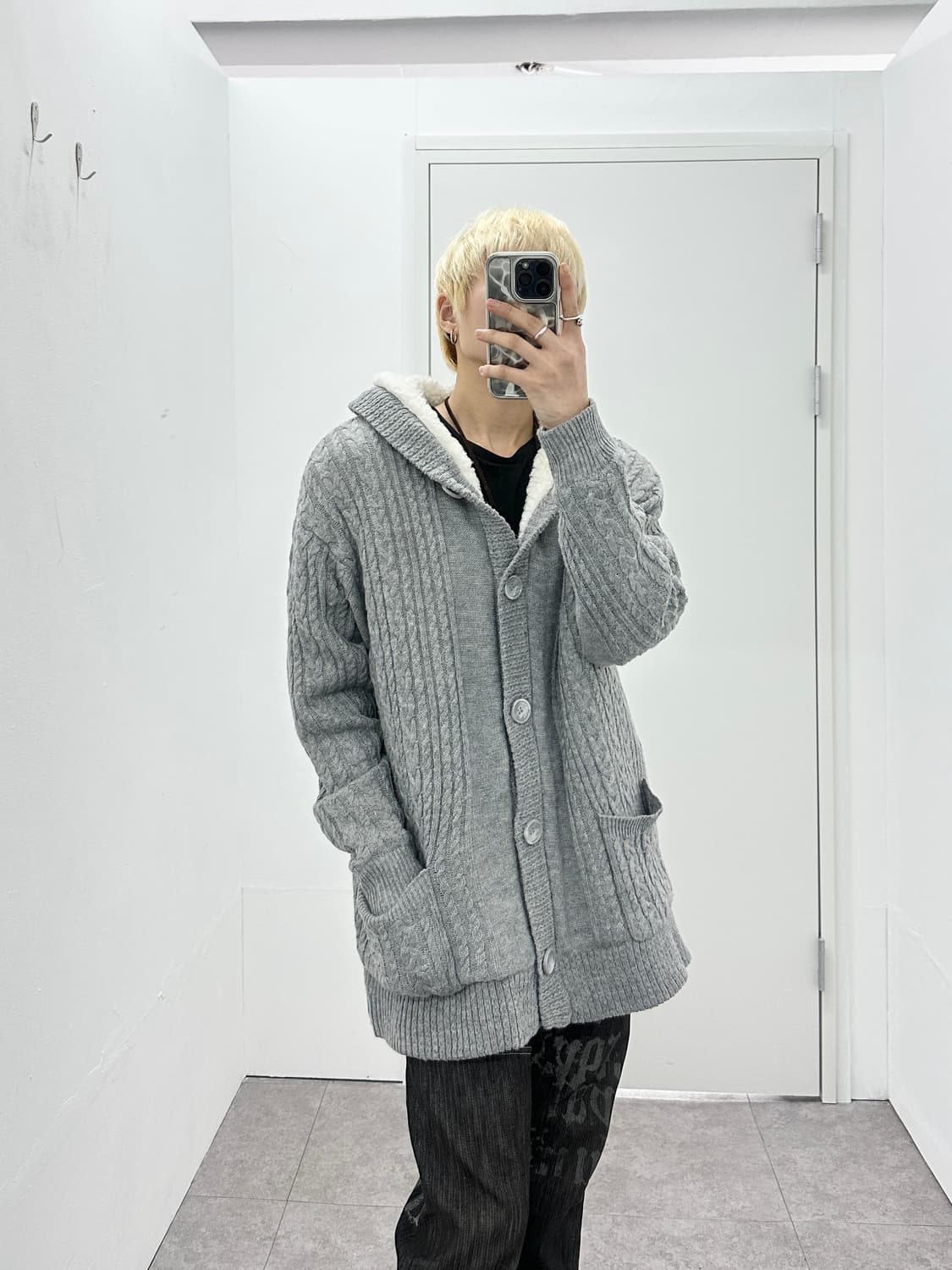 NAVY fur knit hood cardigan  상품이미지2