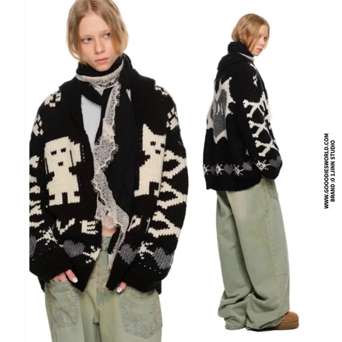 원진스튜디오 캣 픽셀 니트 가디건 블랙 S 상품이미지4