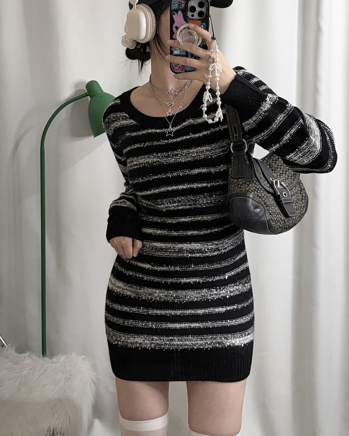 블랙 & 화이트 스팽글 니트 미니 원피스 상품이미지1