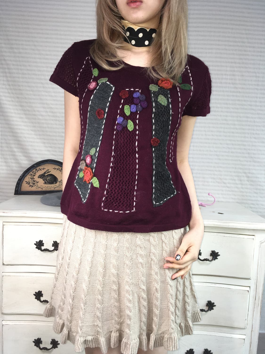 일본빈티지 딥퍼플 자수 크로세 니트 상품이미지5