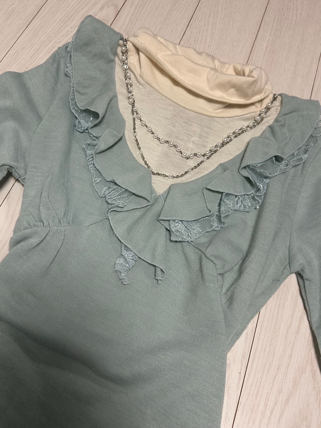 로맨틱/하구미 / 모리 / 로걀 / 갸루 / 민트 언발 프릴 롱슬탑 상품이미지2