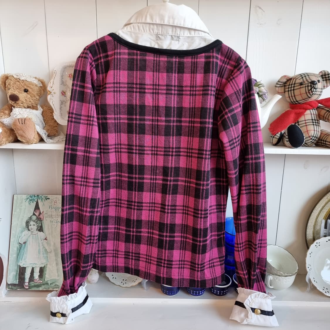 핑크 체크 블라우스 가디건 셋업탑 상품이미지4