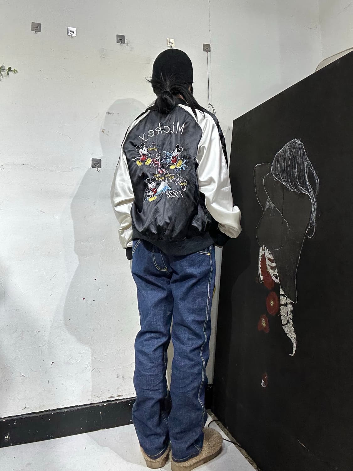 일본빈티지 디즈니 블랙 미키마우스 자수 스카잔 L  상품이미지4