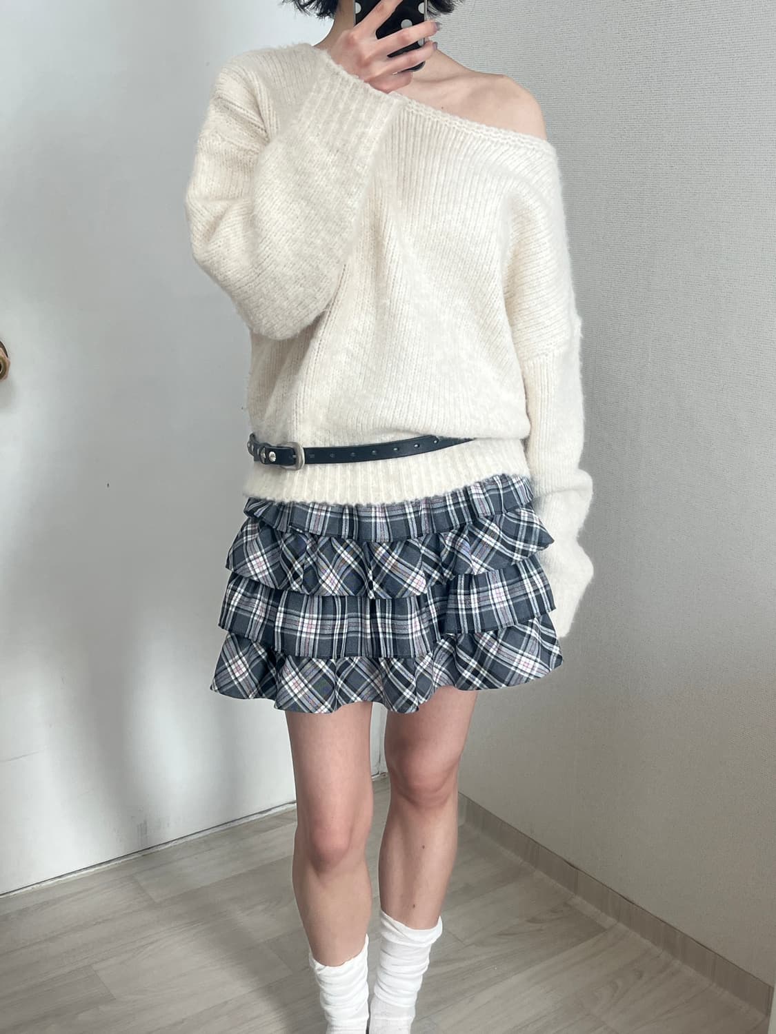 핑크 그레이 캉캉 체크 스커트 상품이미지4