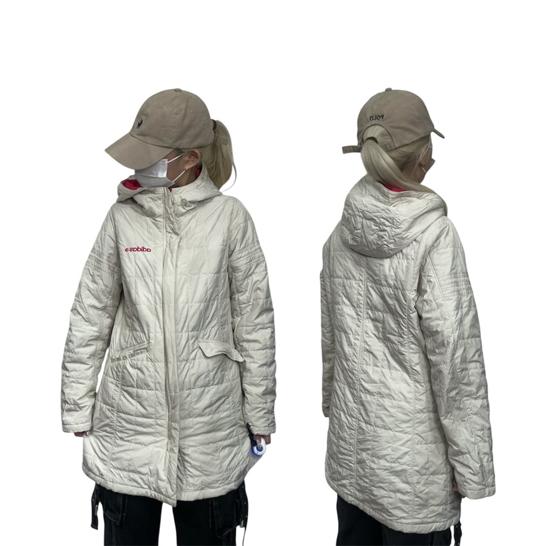 아디다스 일본판 아이보리 핑크 로고 퀼팅 점퍼 바람막이 여성용 패딩 L 상품이미지1