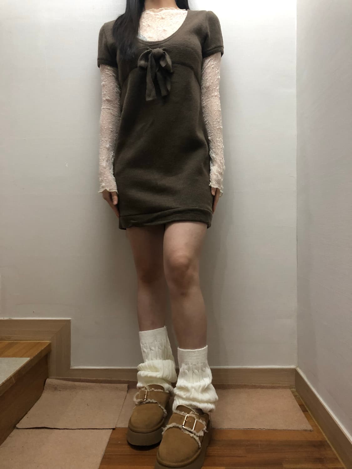 빈티지 브라운 리본 니트 원피스 상품이미지5