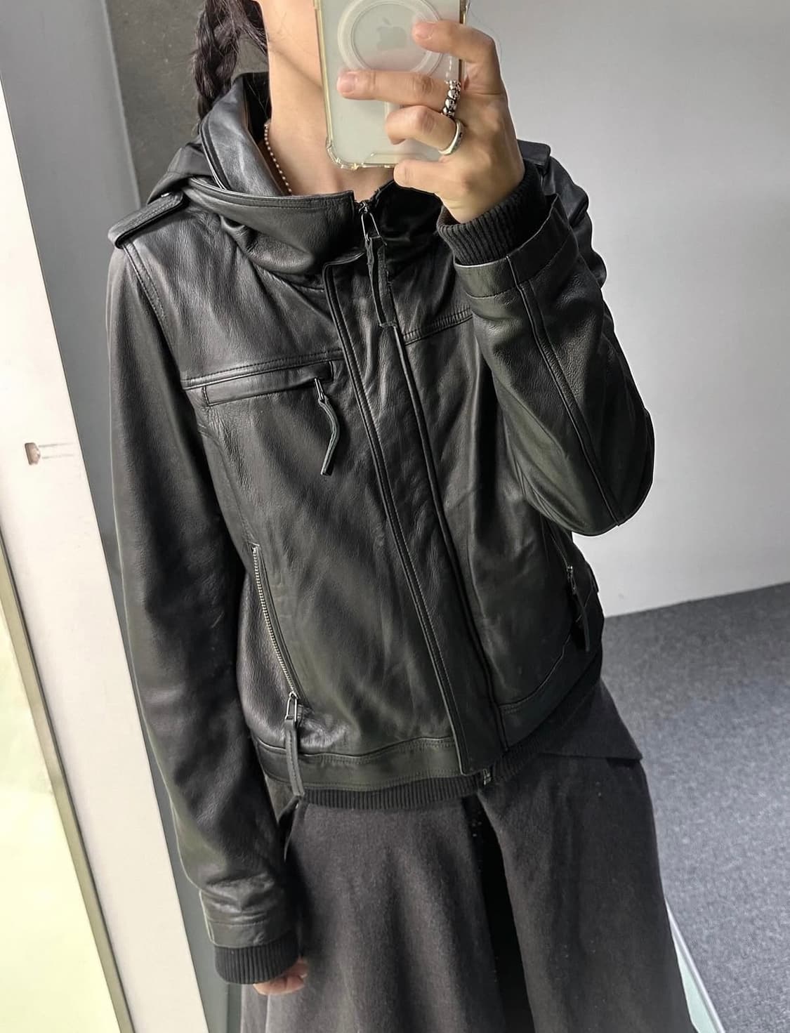 빈티지 슬림핏 후드 레더자켓 가죽자켓 상품이미지3