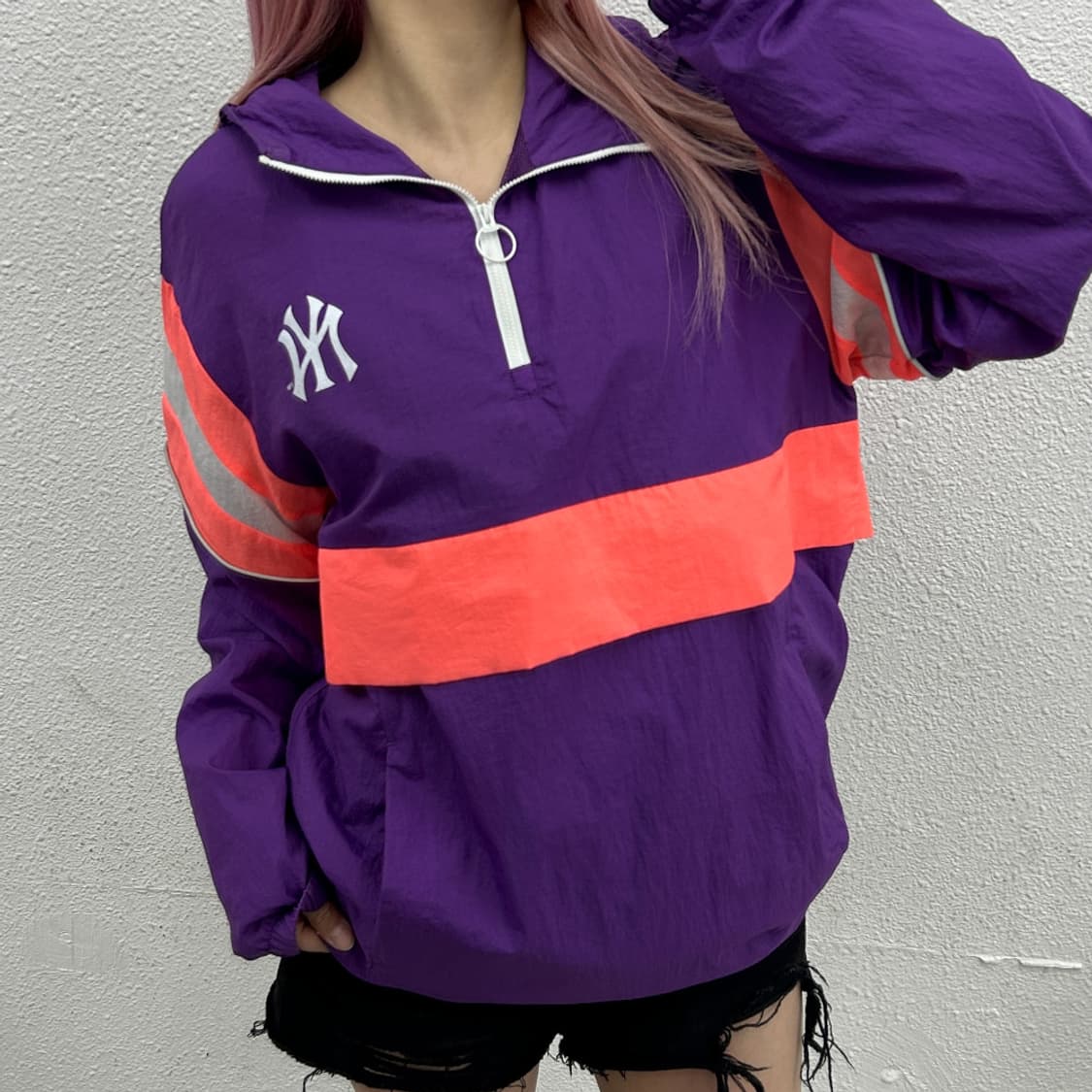 MLB 형광 배색 블루 후드 바람막이 S 상품이미지1