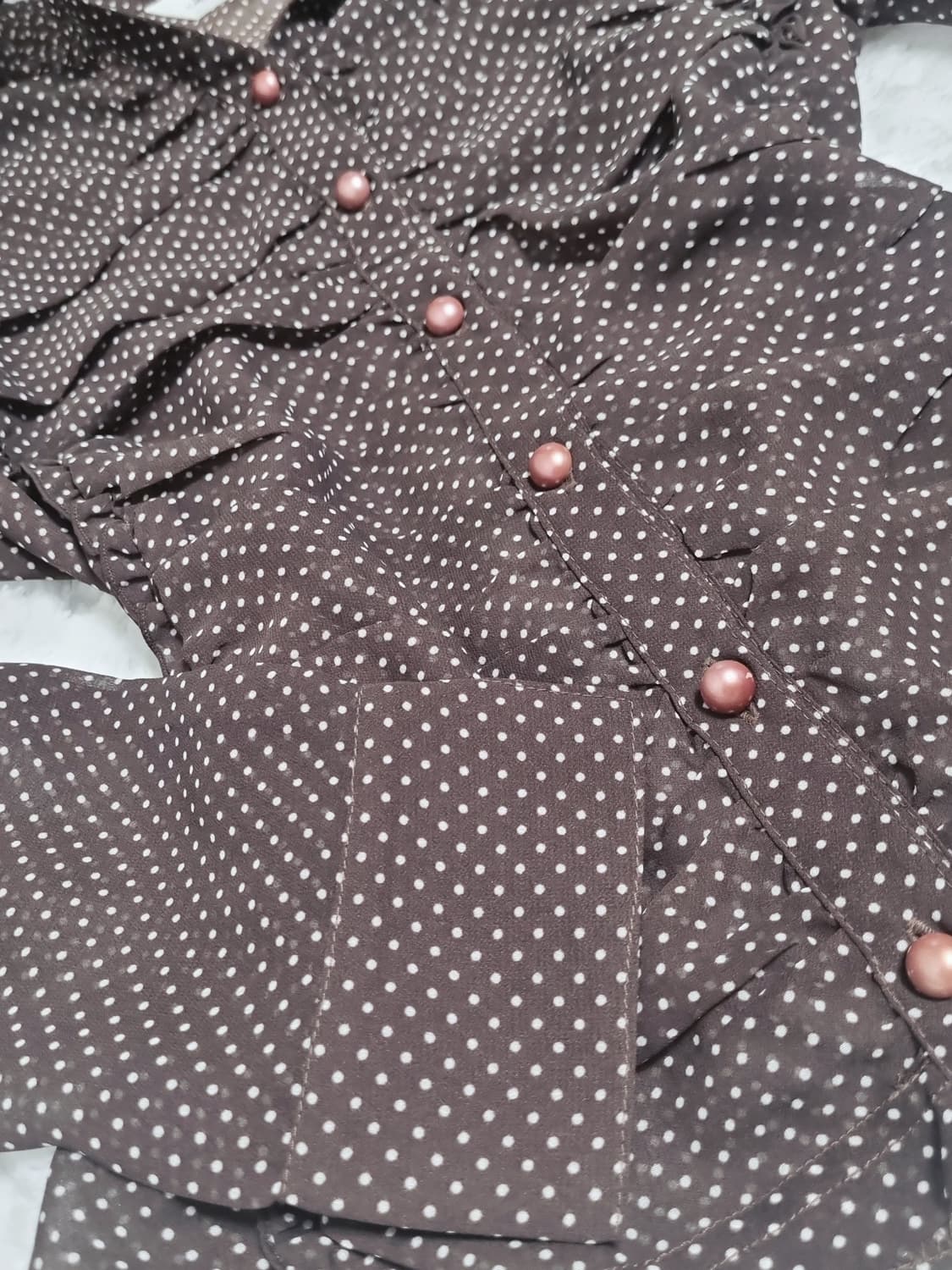 일본 빈티지 도트 블라우스 브라운 셔츠 긴팔 상품이미지4
