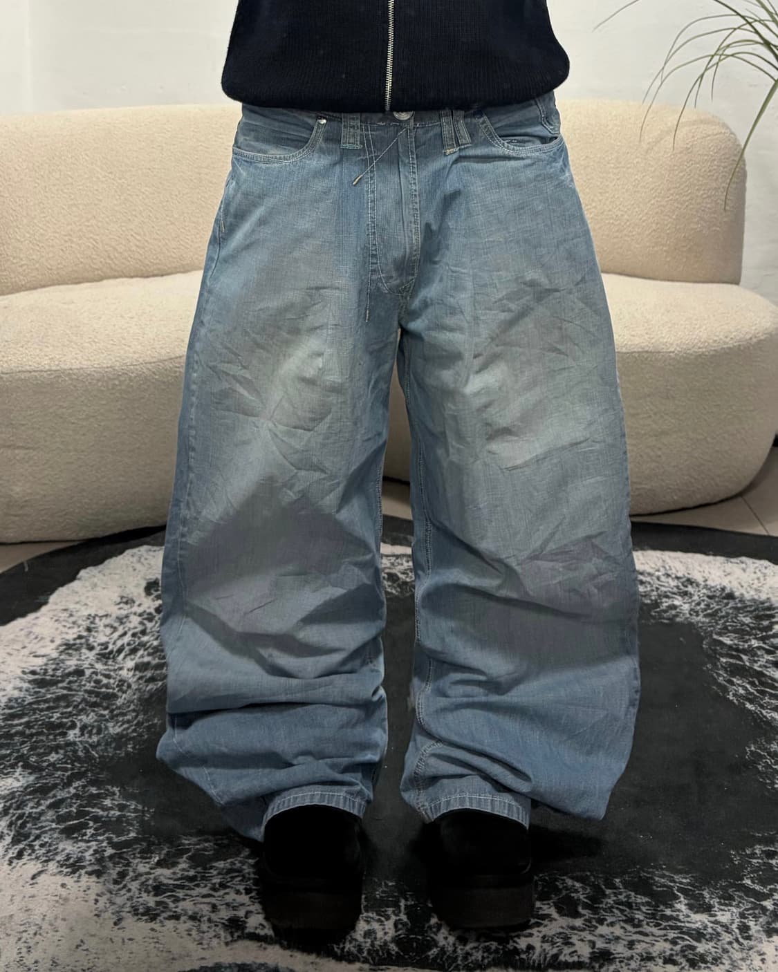 90s vintage 크로스 자수 와이드 데님 팬츠 상품이미지3