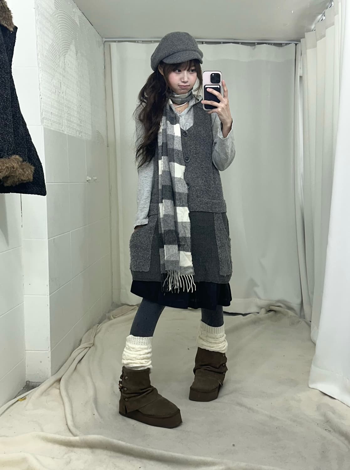 그레이 너드 니혼진 퍼 카라 피코트 코디세트 상품이미지3