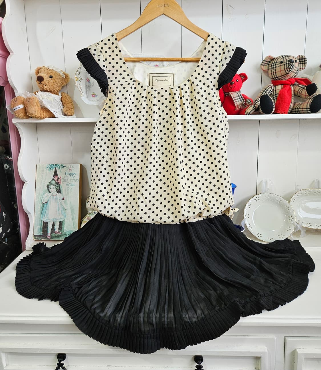 도트 플리츠 배색 원피스 상품이미지1