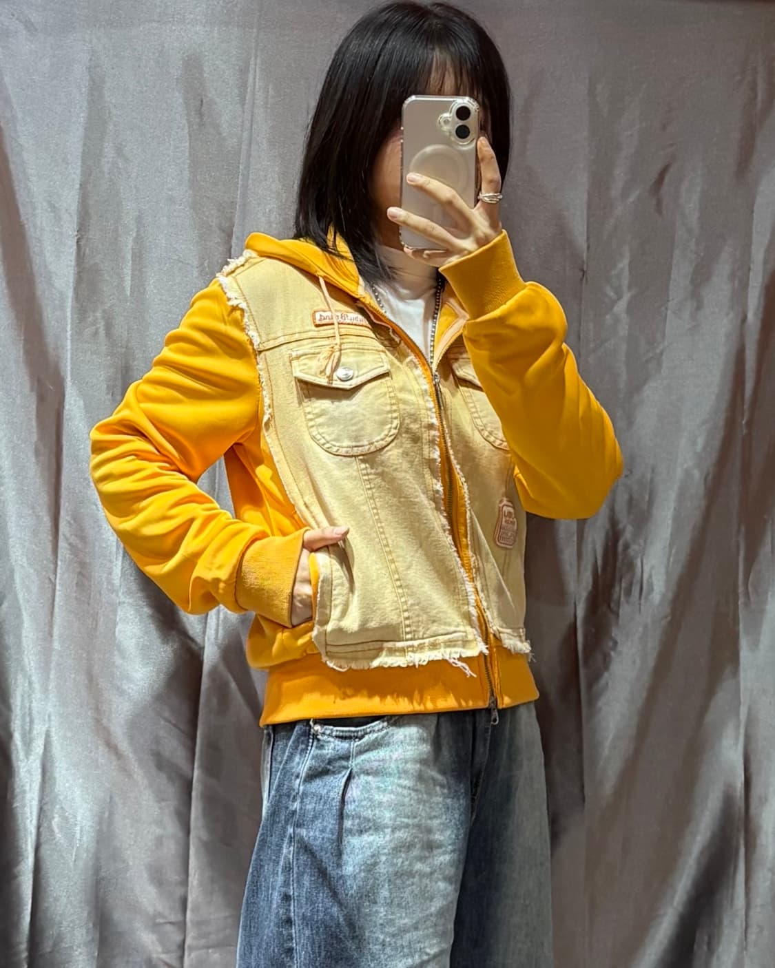 L FUBU 푸부 투포켓 데님 믹스 옐로우 후드집업 상품이미지1