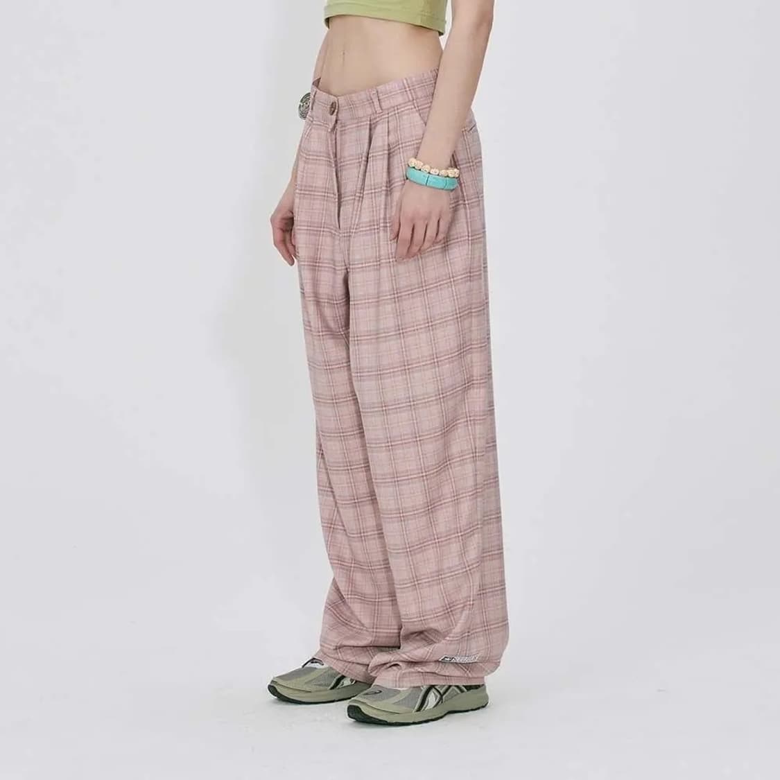 스컬프터 체크 핀턱 슬랙스 팬츠 바지 핑크 L 상품이미지4