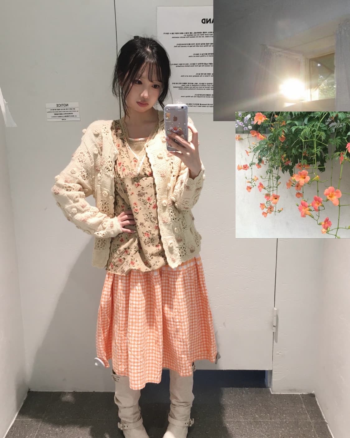 빈티지 능소화 오렌지 체크 플라워 코디세트 상품이미지2