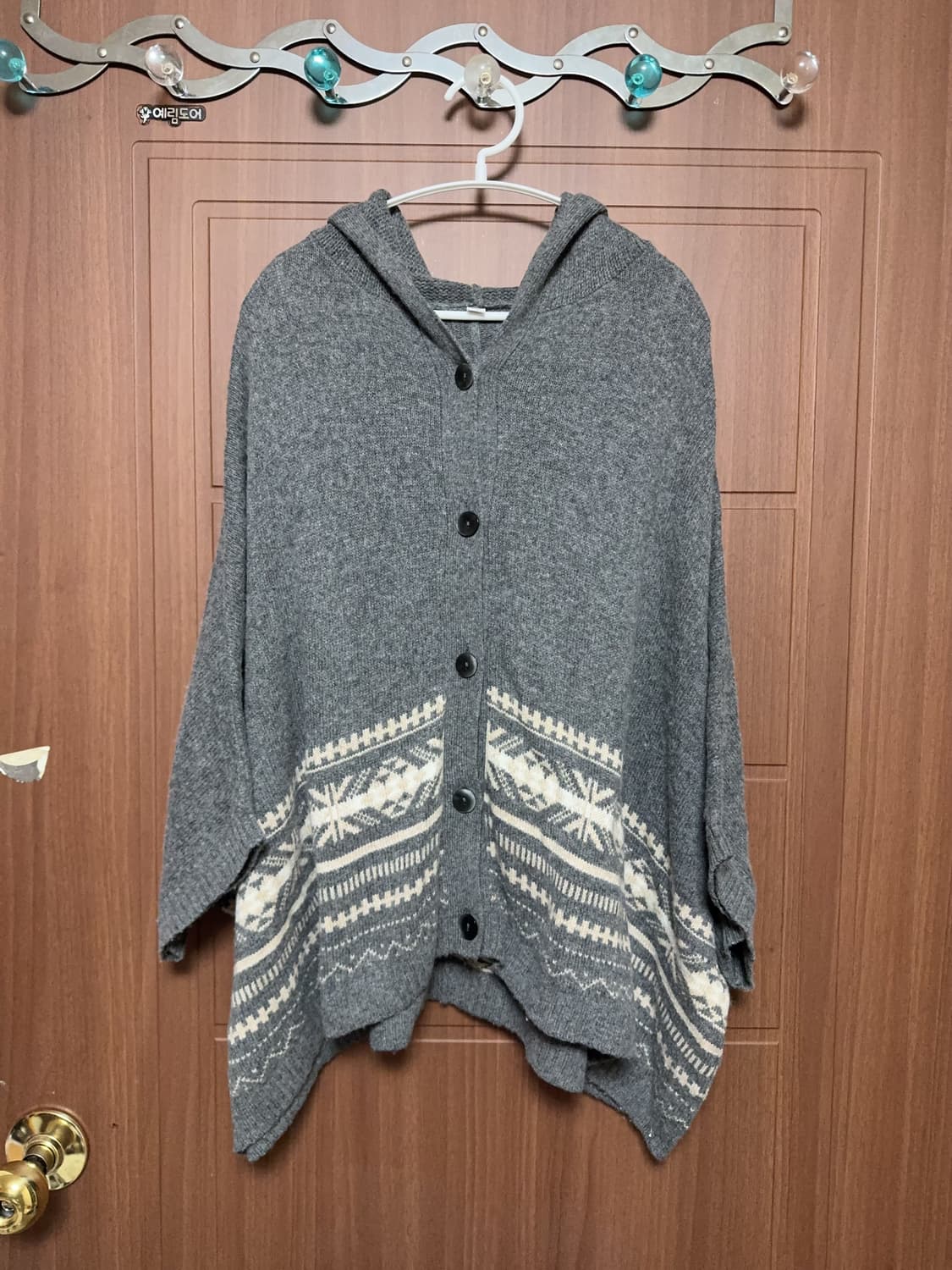 모리걸 하구미 히피 일본 빈티지 그레이 노르딕 패턴 후드 판쵸 가디건 상품이미지1