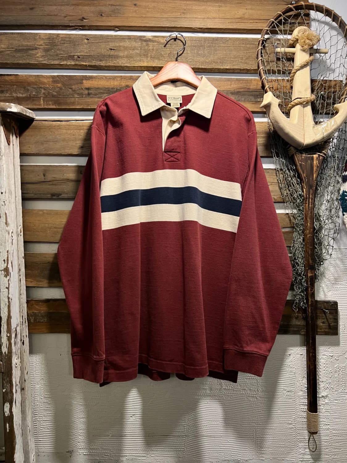 [M]L.L.Bean USA 엘엘빈 컬러 스트라이프 버건디 럭비 티셔츠 상품이미지1