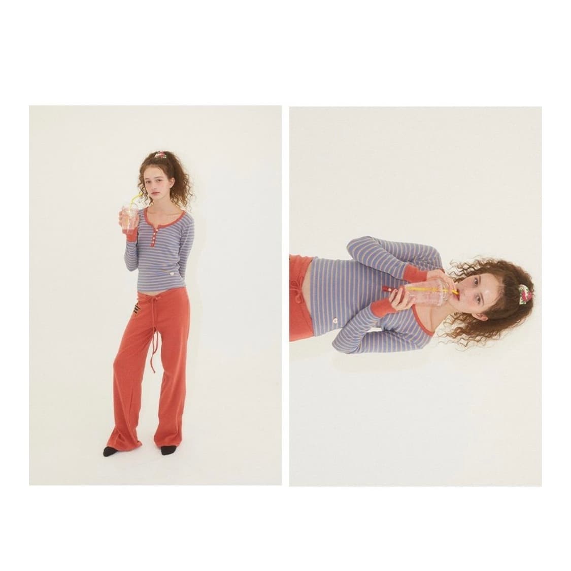 에즈이프캘리 스트라이프 버튼 티/솔리드 스타 팬츠 세트 상품이미지2