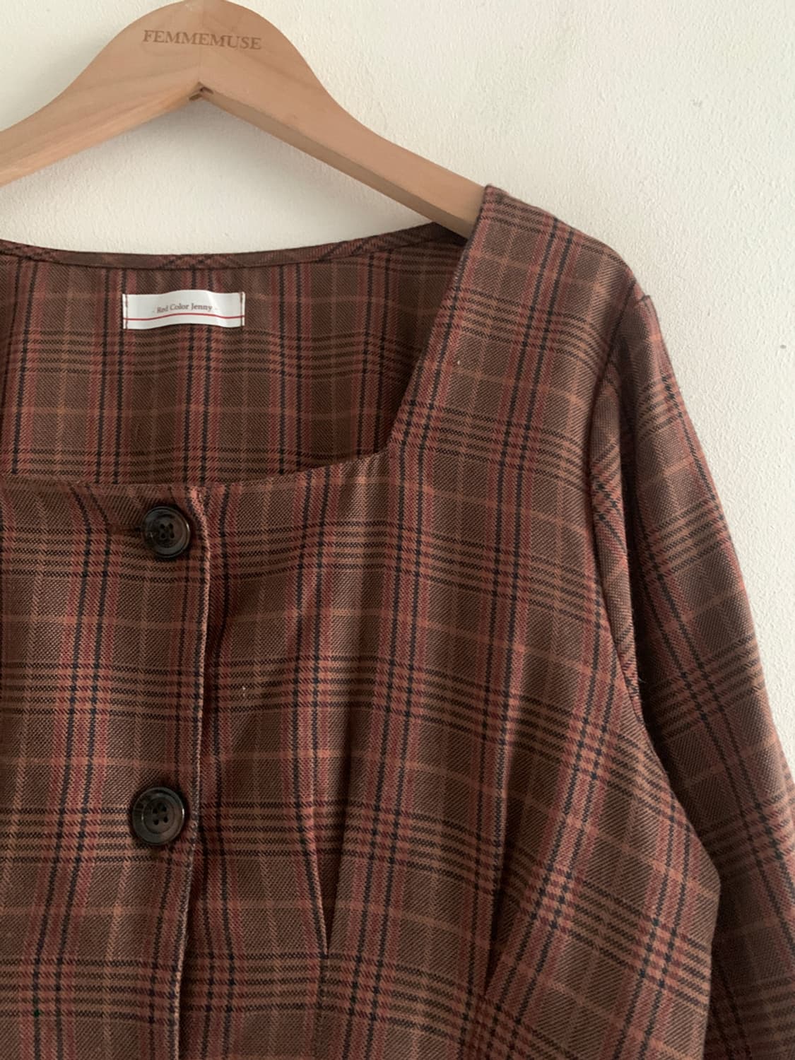 Check Square Neck Button Dress 상품이미지5