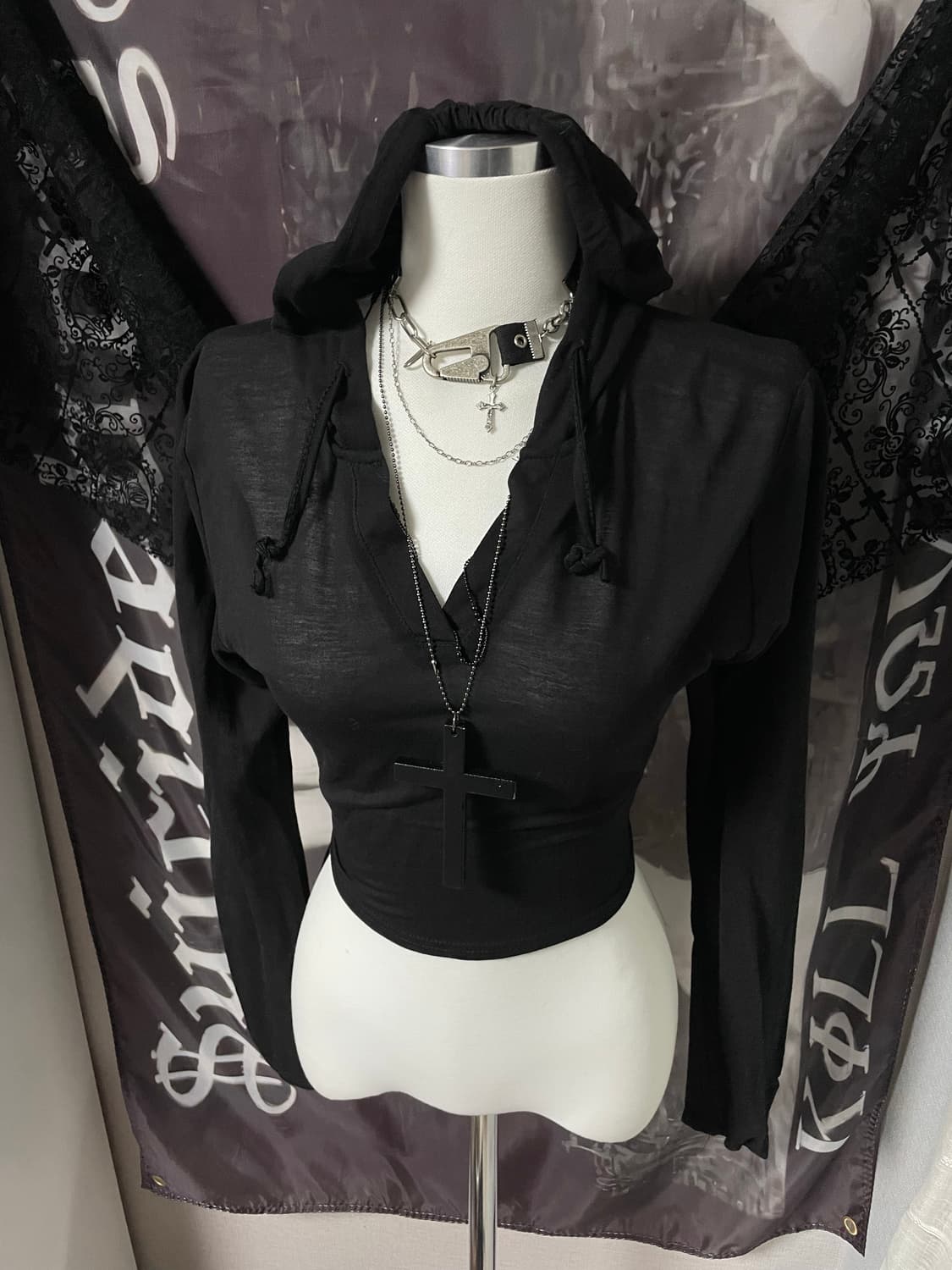 빈티지 시스루 크롭 후드 백포인트 레이어드 롱슬리브탑 00s 2010고스 상품이미지6