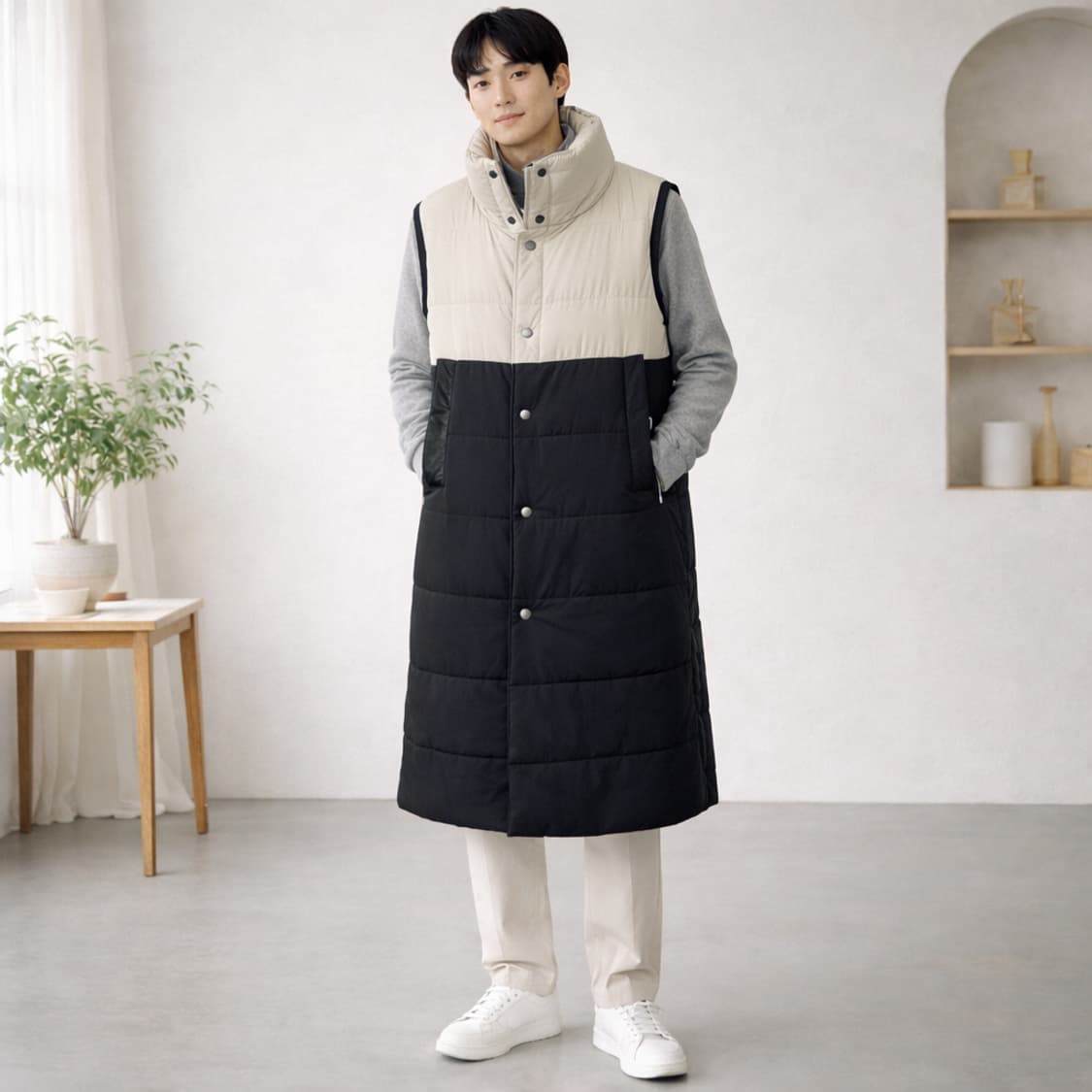 퍼블리카 엑스 하이넥 배색 롱 패딩 조끼 상품이미지1