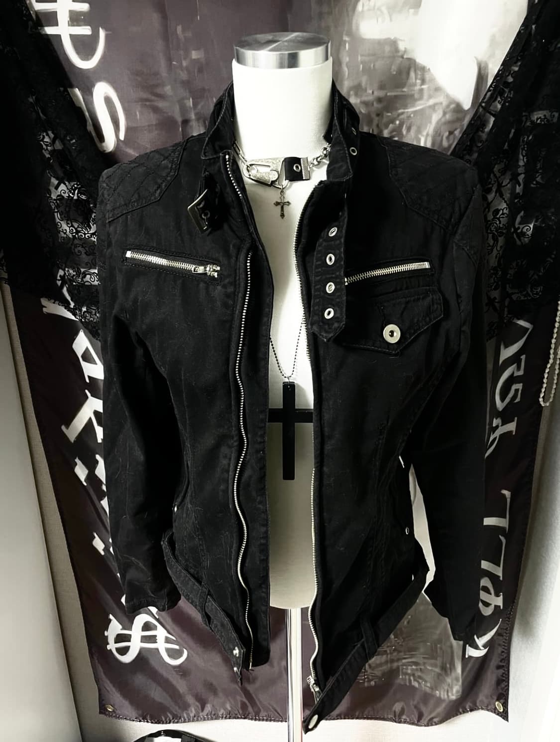 Vkei 00s 벨티드넥 지퍼 라이더 야상코튼자켓 다크웨어emo버커루맛 상품이미지2