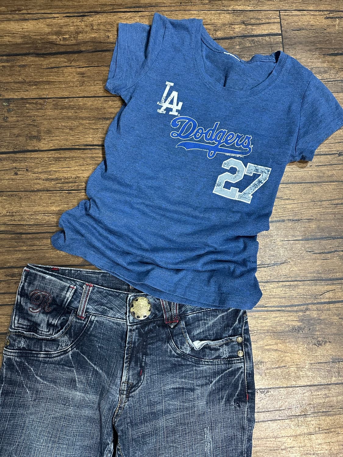 Y2K 다저스 반팔티 + ORIRIN JEANS 윙자수 크롭 데님 팬츠 상품이미지1