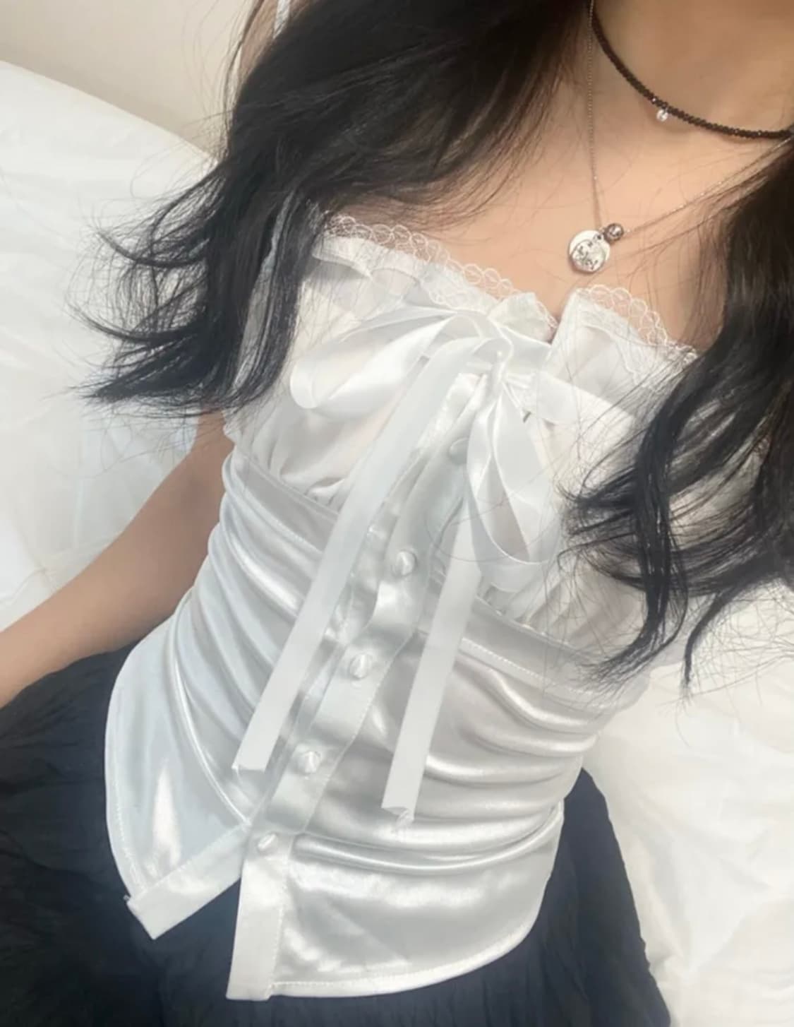 실크 새틴 레이스 리본 뷔스티에 블라우스 나시 탑  상품이미지3