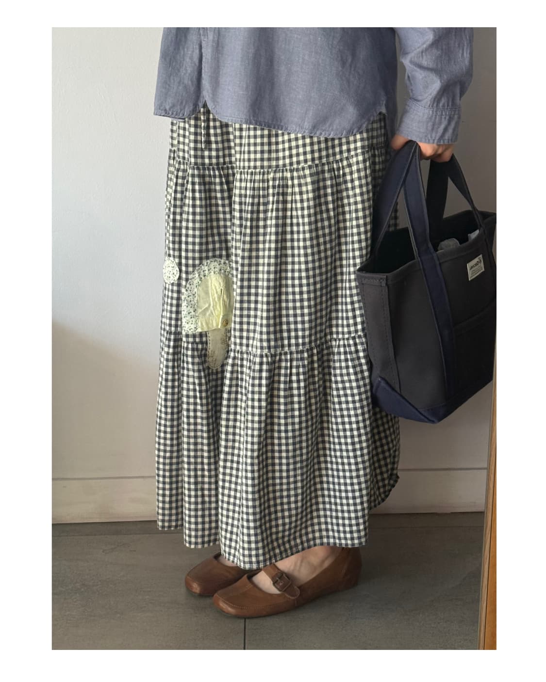 일본빈티지 +수작업패치 버섯패치 깅엄체크 캉캉스커트 상품이미지4