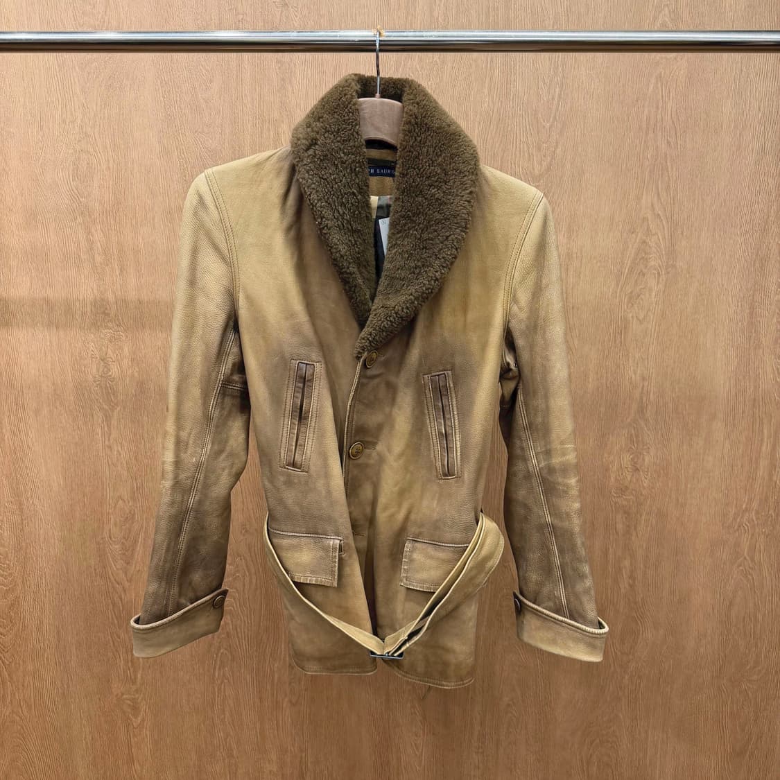 랄프로렌 디어스킨 레더 하프 코트 시어링 퍼 숄 카라 벨트 디테일 브라운 상품이미지2