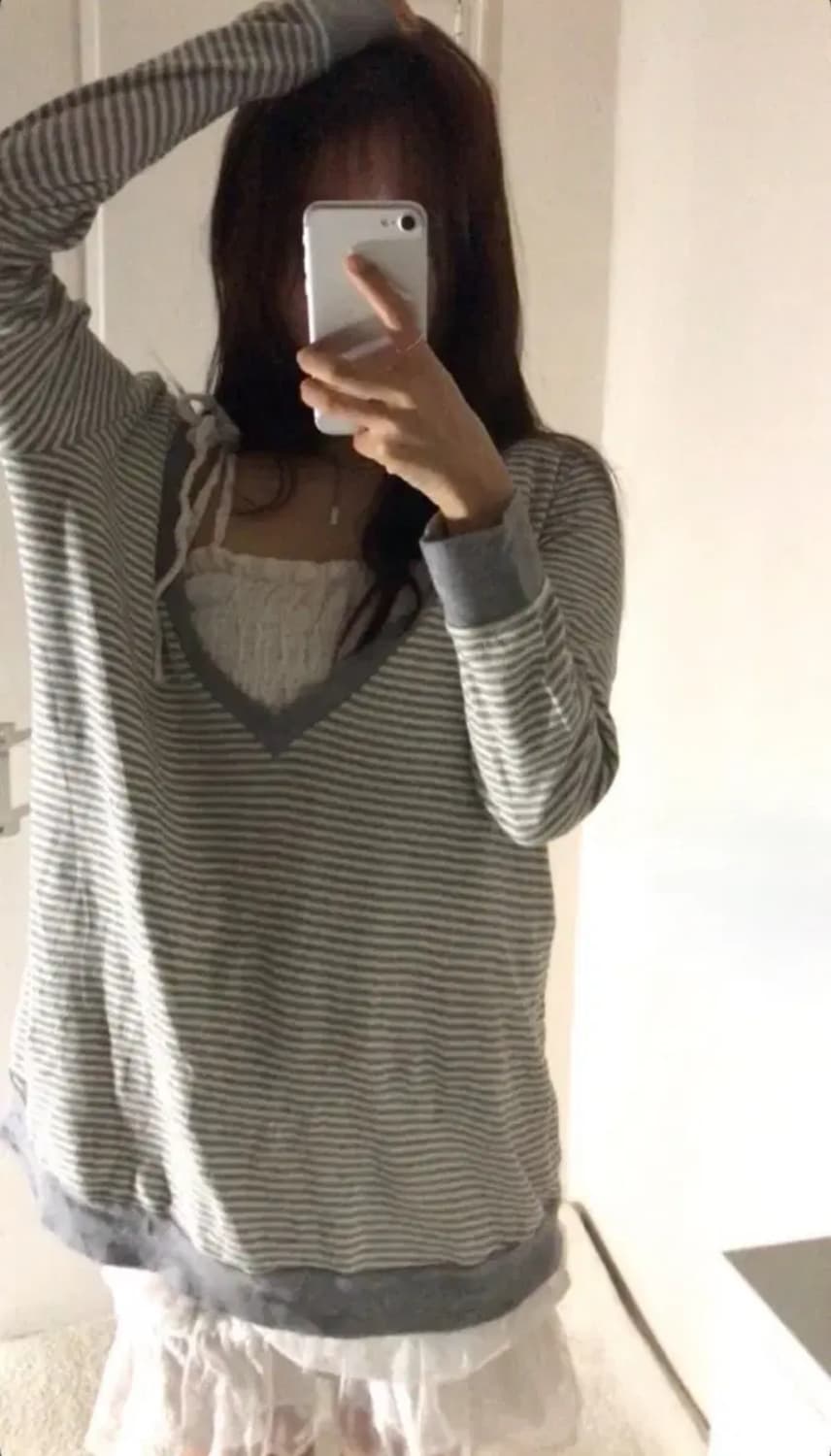 그레이 스트라이프 롱슬리브 벌룬 스커트 세트 빈티지 상품이미지1