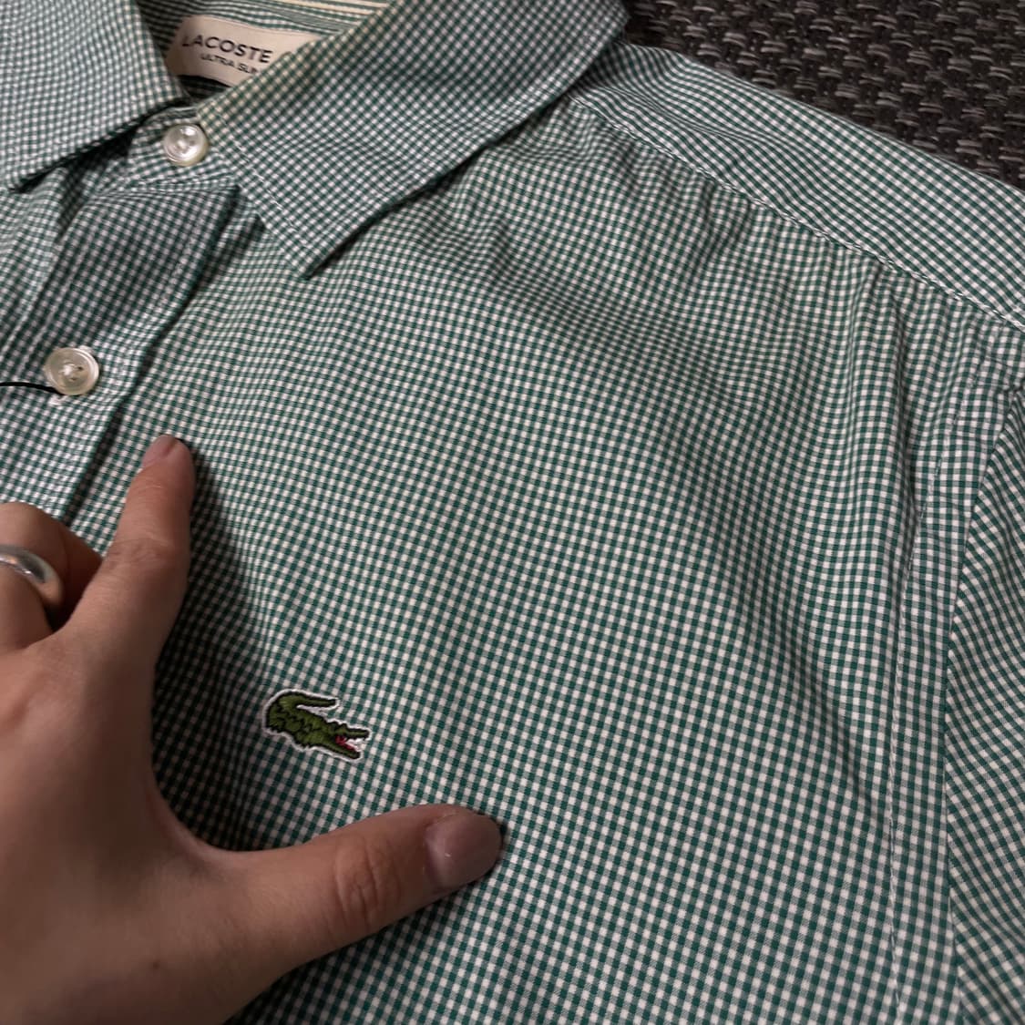 라코스테 그린 마이크로 체크 긴팔 셔츠 울트라 슬림핏 L 상품이미지5