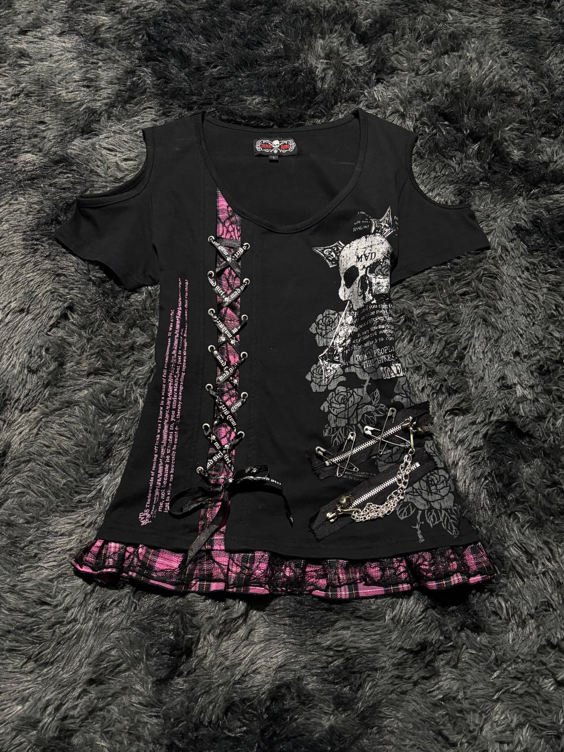 Mad Punks 스컬 그래픽 레이스업 체크 레이어드 탑 상품이미지1