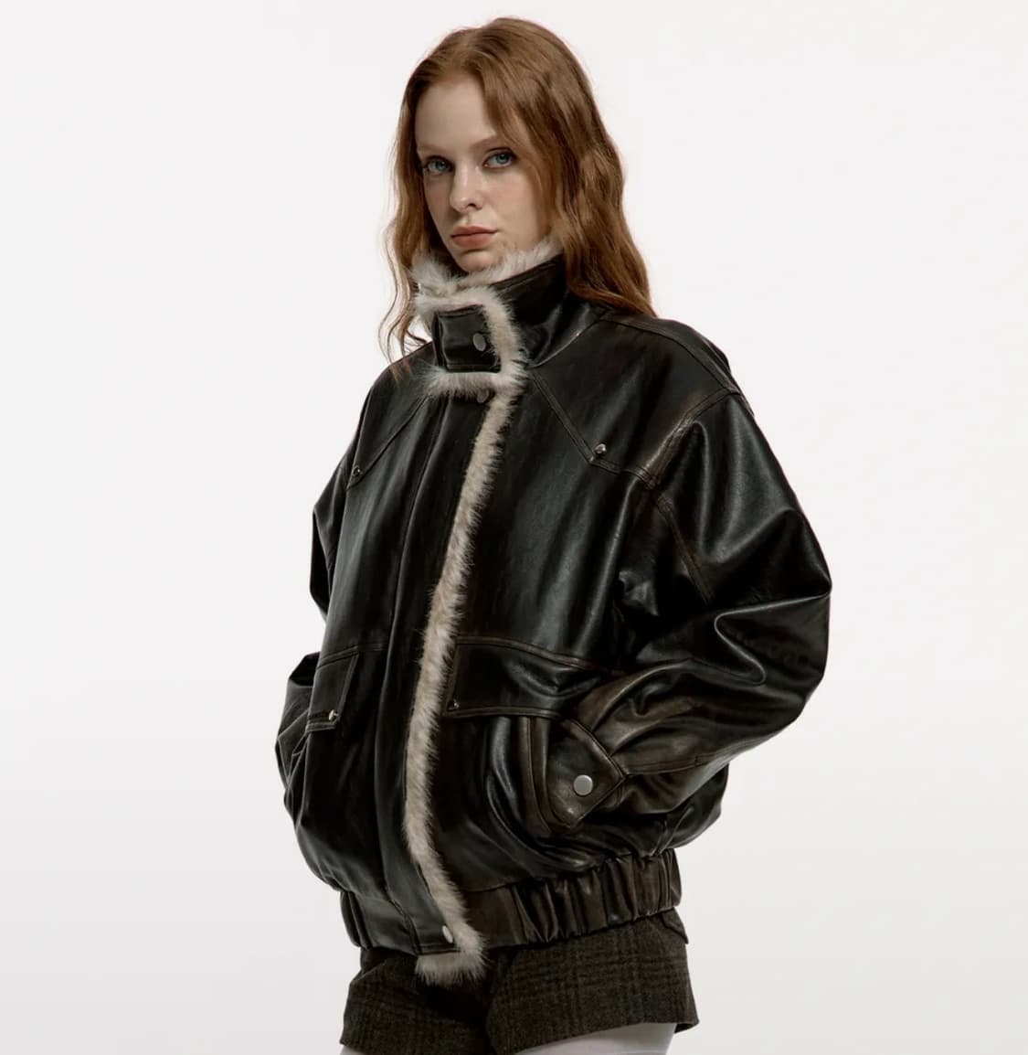 러프넥 워싱 레더 무스탕 자켓 상품이미지1