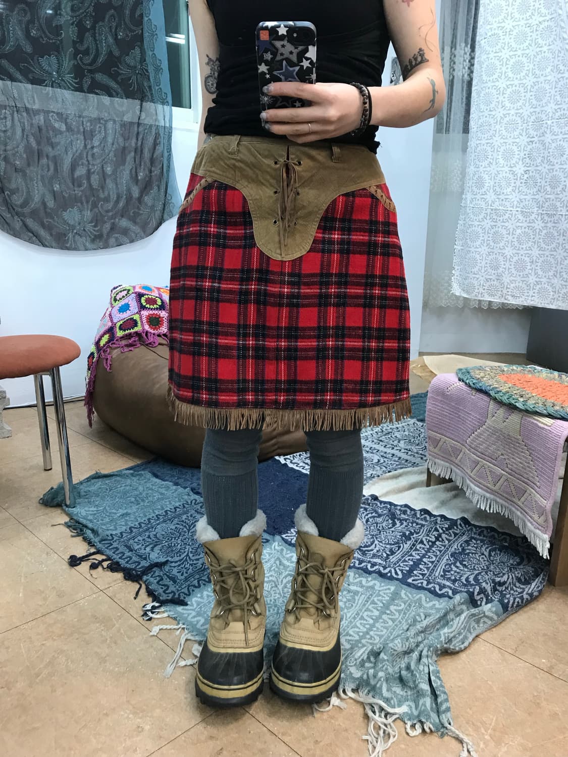 빈티지 여성 코듀로이 배색 체크 미니스커트  상품이미지1