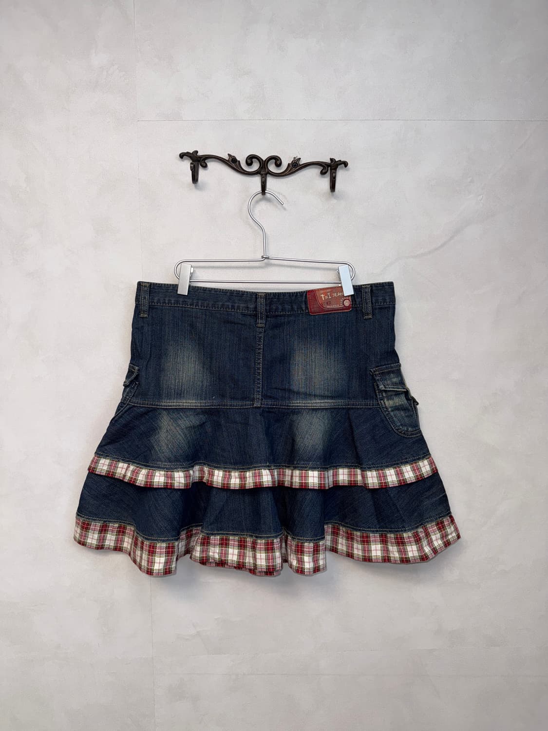 Denim belted pocket check cancan skirt 상품이미지4