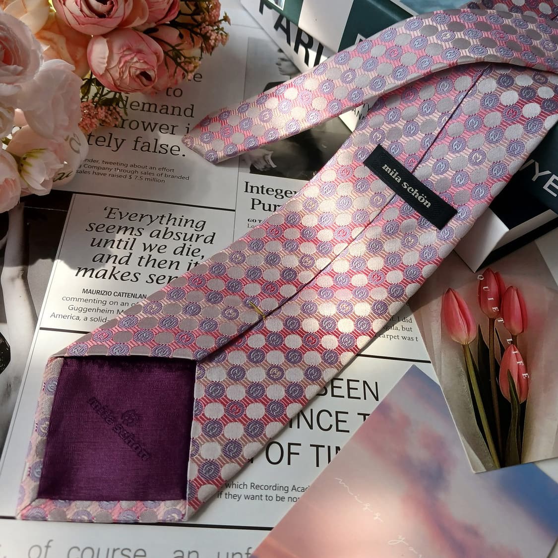 밀라숀 실크 핑크 로고 패턴 넥타이 9.5cm S~A+등급 E809
 상품이미지5