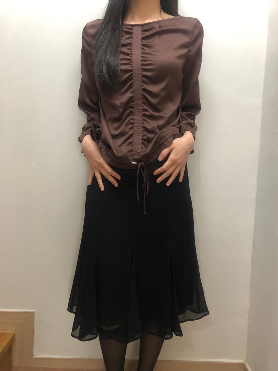 빈티지 브라운 셔링 블라우스 상품이미지4