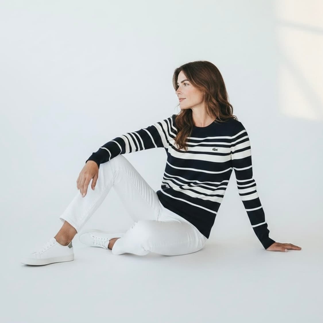 [S] Lacoste 라코스테 우먼즈 네이비 스트라이프 코튼 라운드 니트 상품이미지4