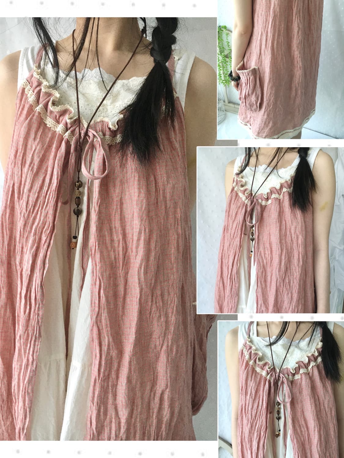 [Hand Made] 핸드메이드 핑크 체크 바선생 원피스 모리걸 상품이미지1