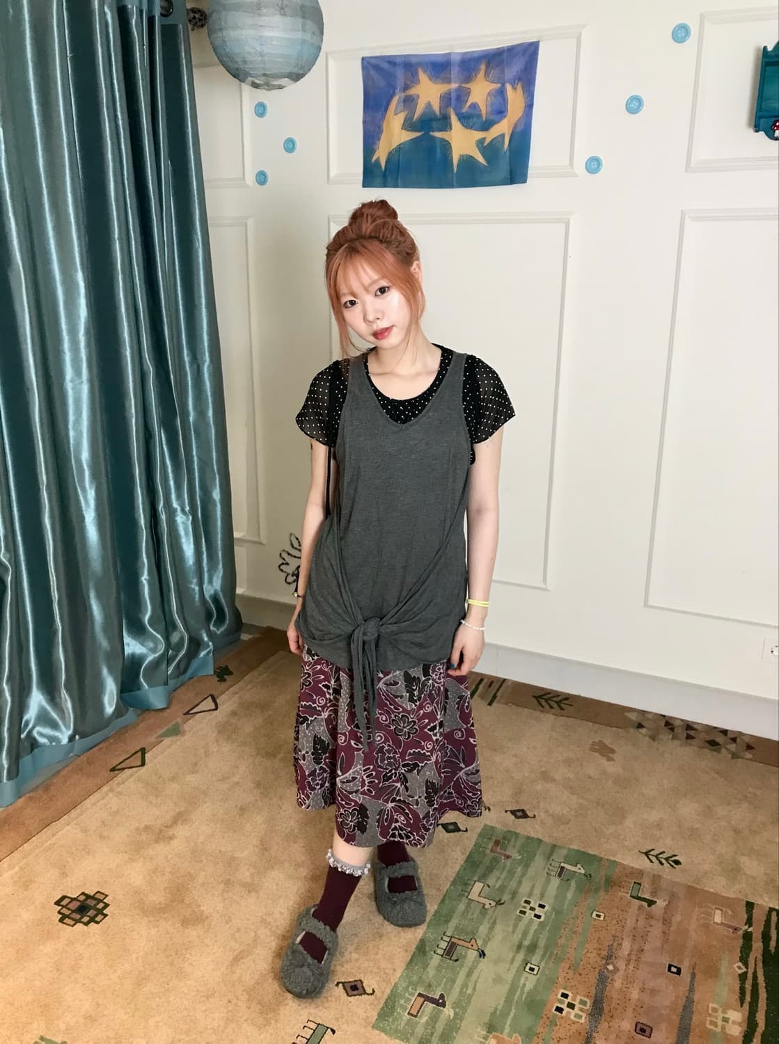 도트 이너와 그레이 매듭 슬리브리스를 레이어드한 그런지 키치 룩𓂃˖₊ 상품이미지2